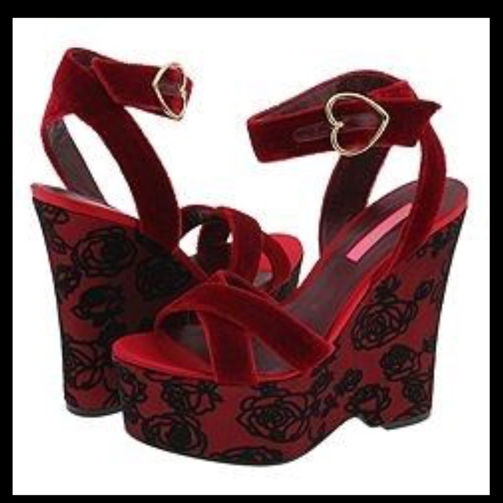 Betsey Johnson Vintage red black velvet wedge Platform rave club shoes heels 6